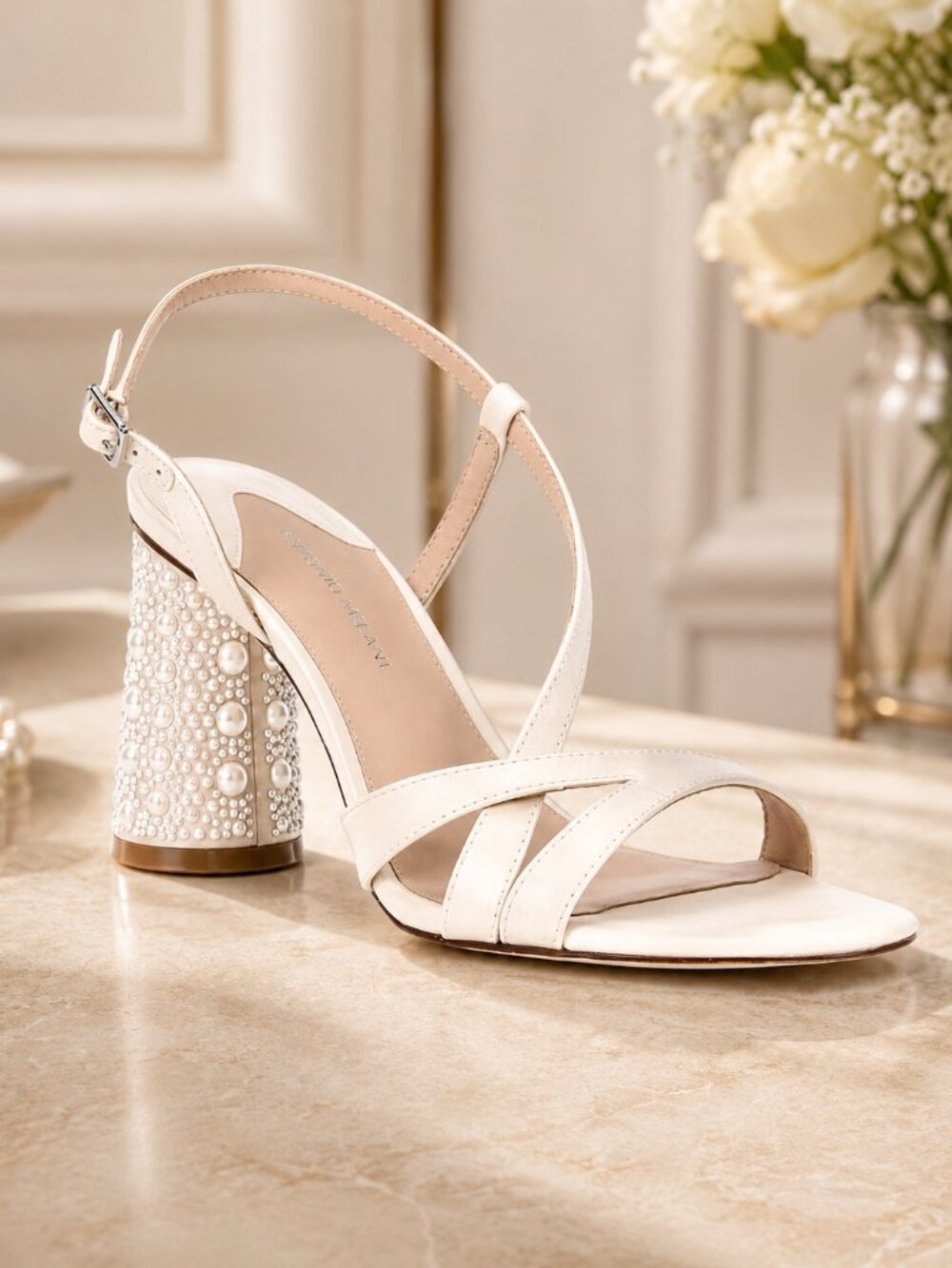 NWT Antonio Melani Cream Satin Pearl Embellished Block Heel Sandals Size 11M